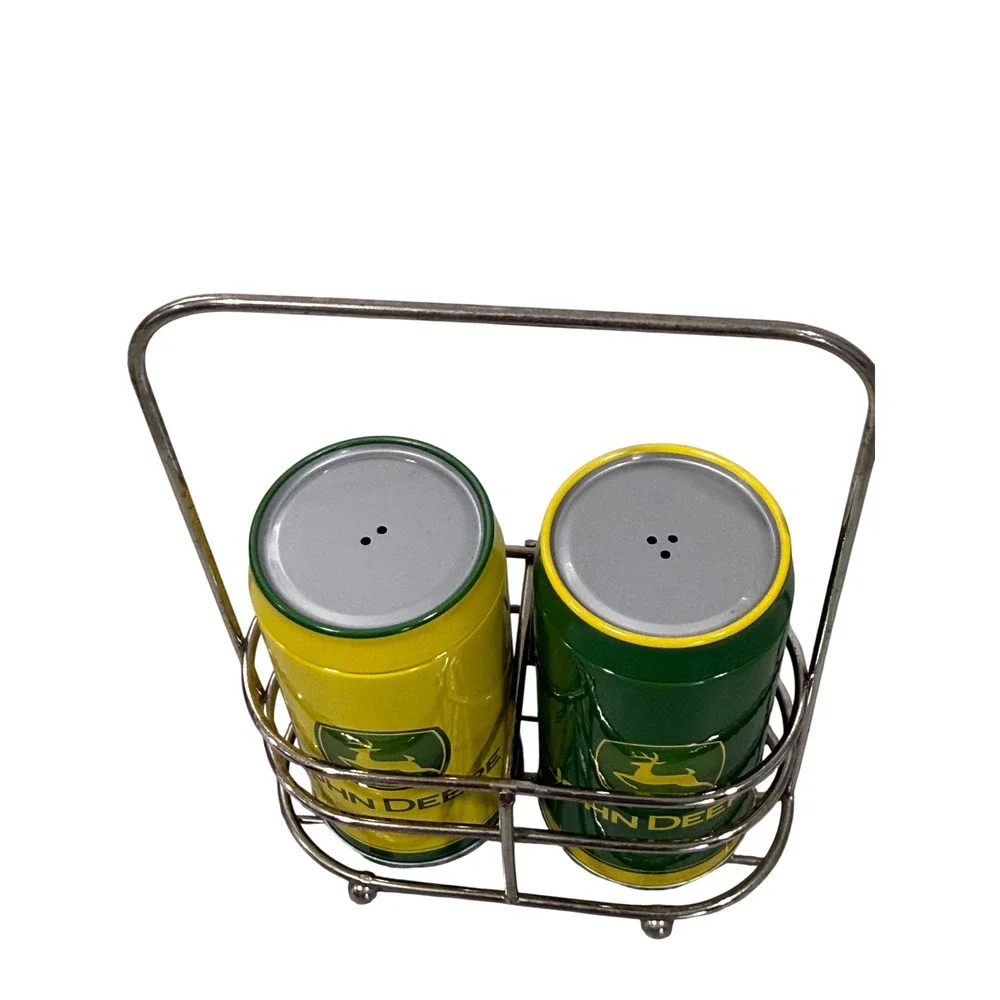 John Deere Salt and Pepper Shaker Set with Metal Wire Caddy Green Yellow Tin